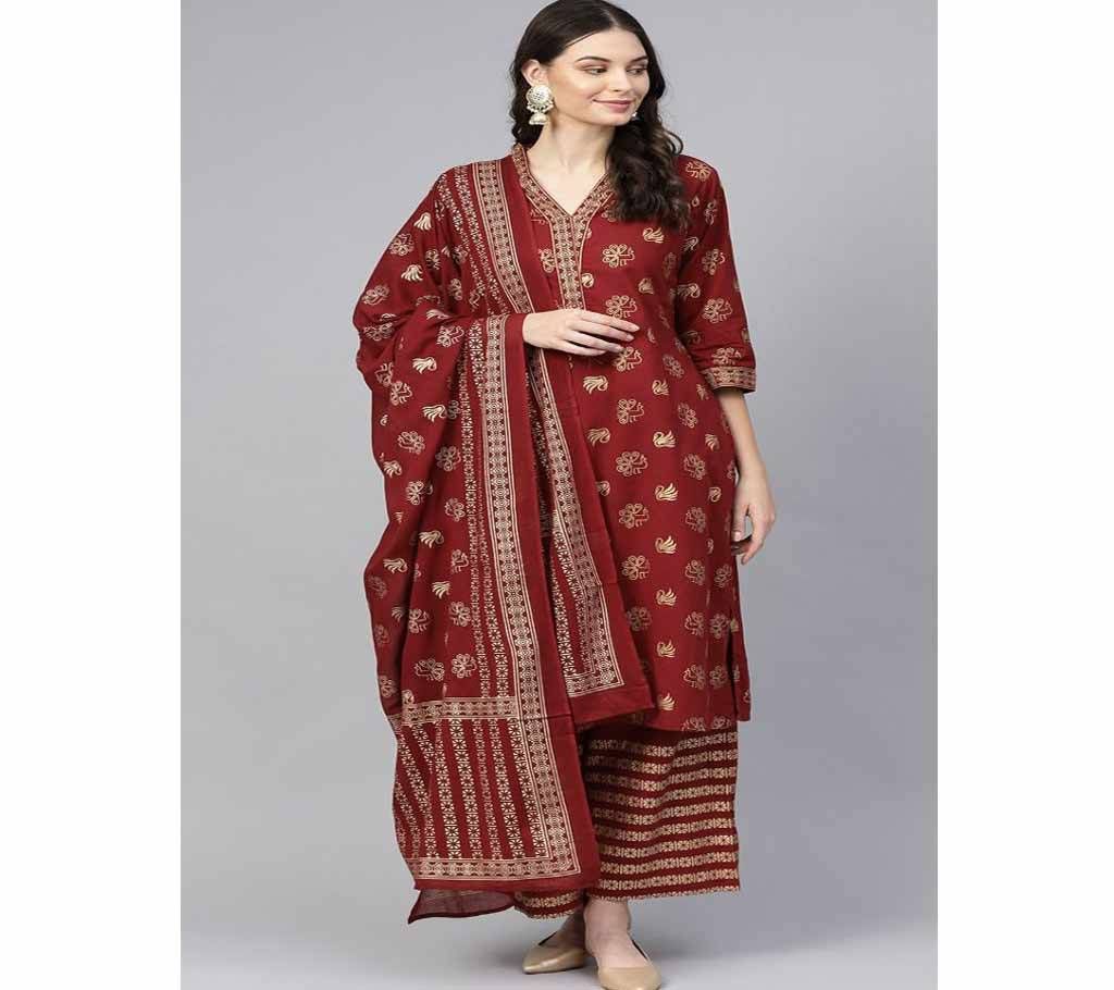   Marron and Golden Block Printed 3 pieces Salwar Kameez for Women