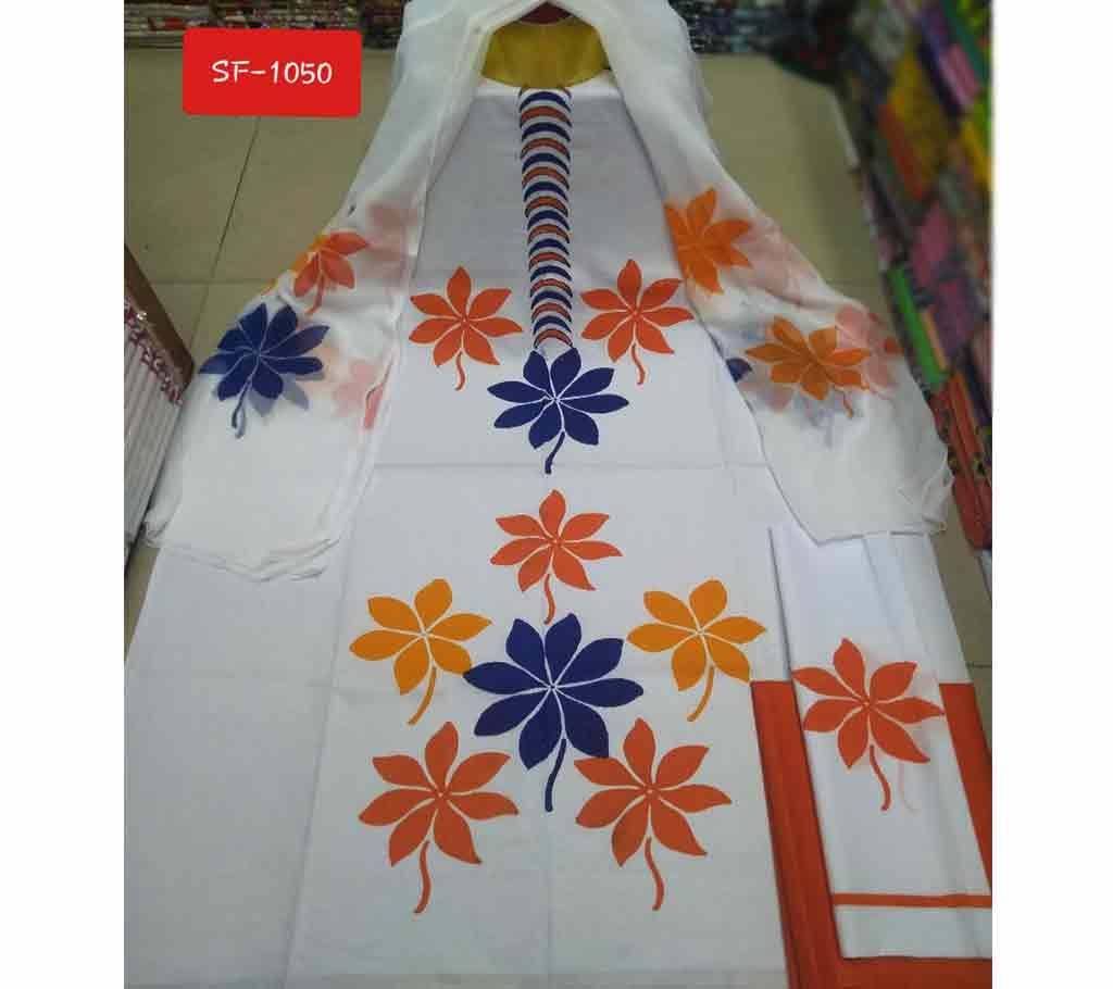 Block Printed Unstitched Cotton Three Piece- White 