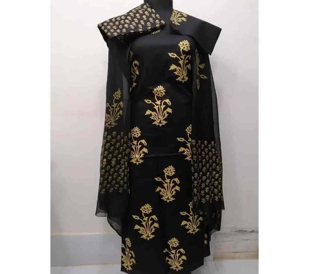Unstitched Print Cotton Three Piece - Black 01