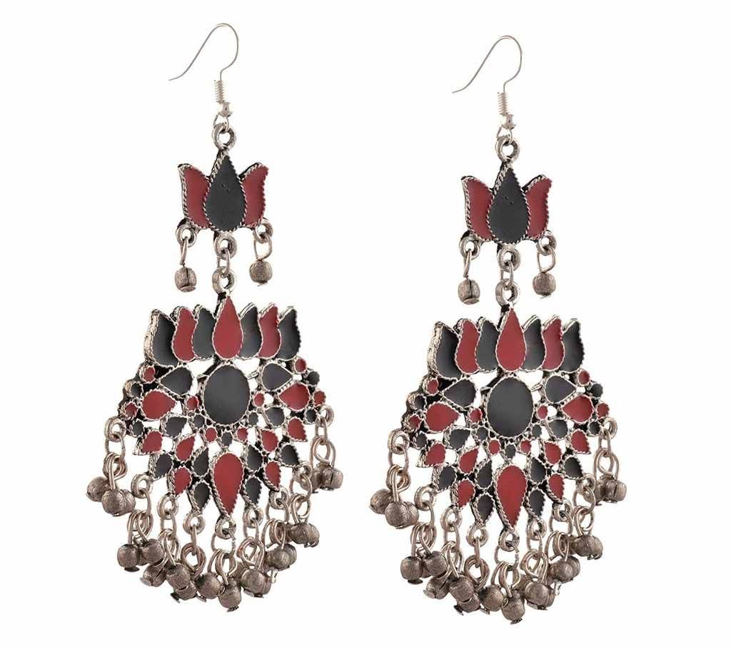German Silver Lotus Afghani Hook Earrings with Enamel work (by Zylph - ZYELARB)