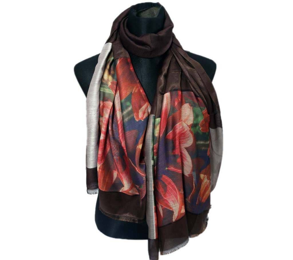Floral Silk Print Hijab for Women - Coffee