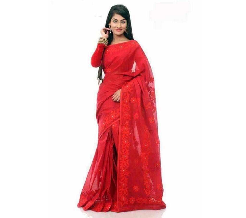 Red pure muslin silk embroidery sharee 