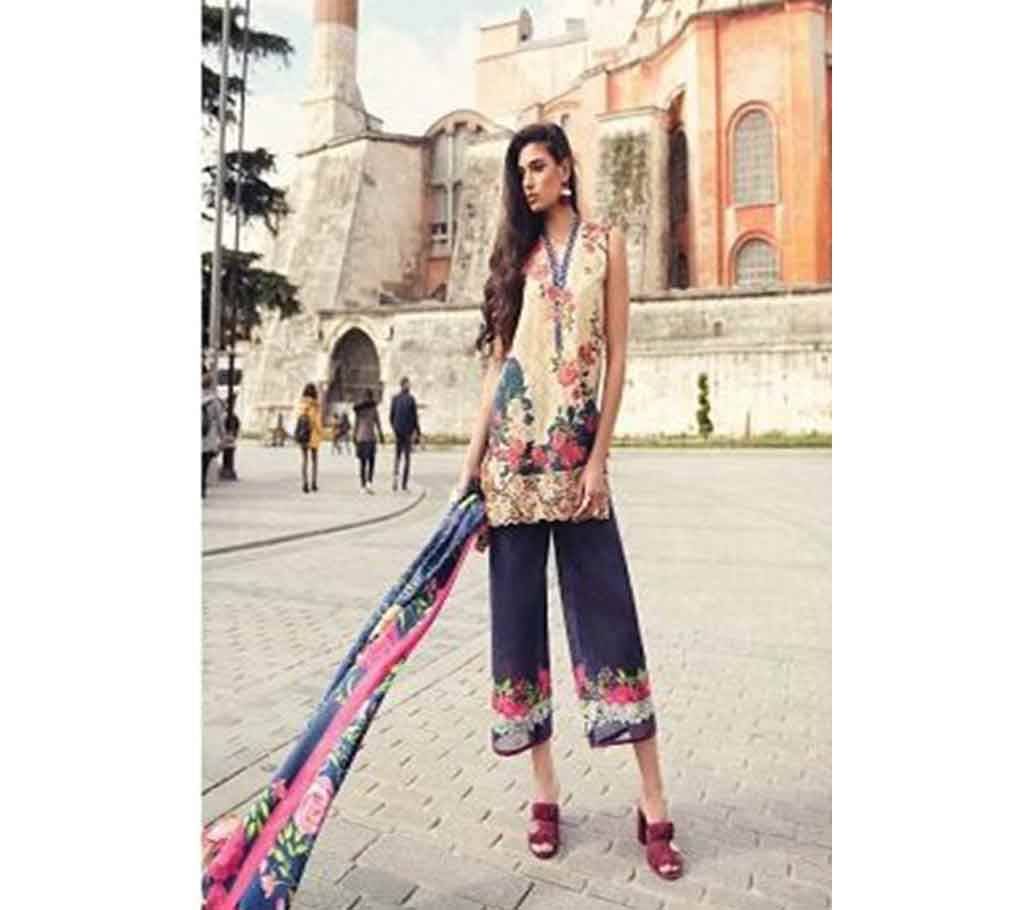 Samira Fashion Mina Hasan Cambric Print Embroidery Light Tan Brown 3pc (C-SU 426) Copy