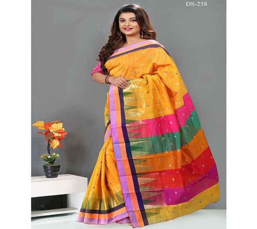 Gold Orange with Light Medium Orchid, Orange and Navy Blue and Green Design and Pink, Green, Orange, Red Anchol Silk Sharee