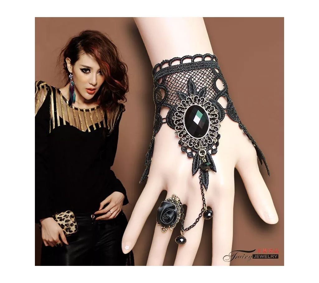 Women Handmade Black Rhinestone Drop Black Lace Arm Bracelet Gothic & Vintage Fashion Jewelry