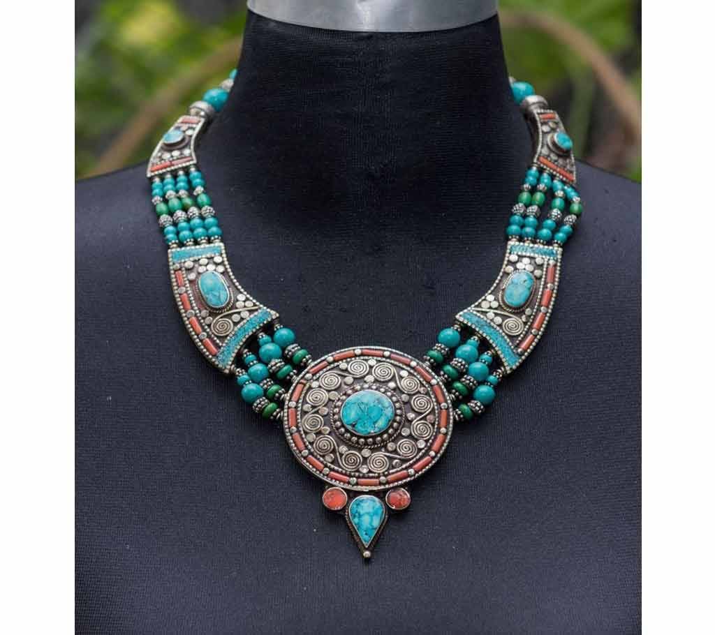 Silver & Aquamarine Design Shape Chain Necklace