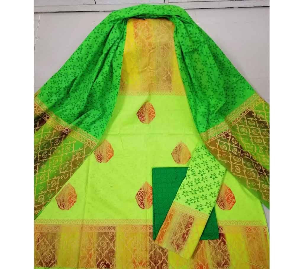 Unstitched Deshi Cotton 3Pcs with Cotton Orna - 35 - Light Forest Green with Full Design