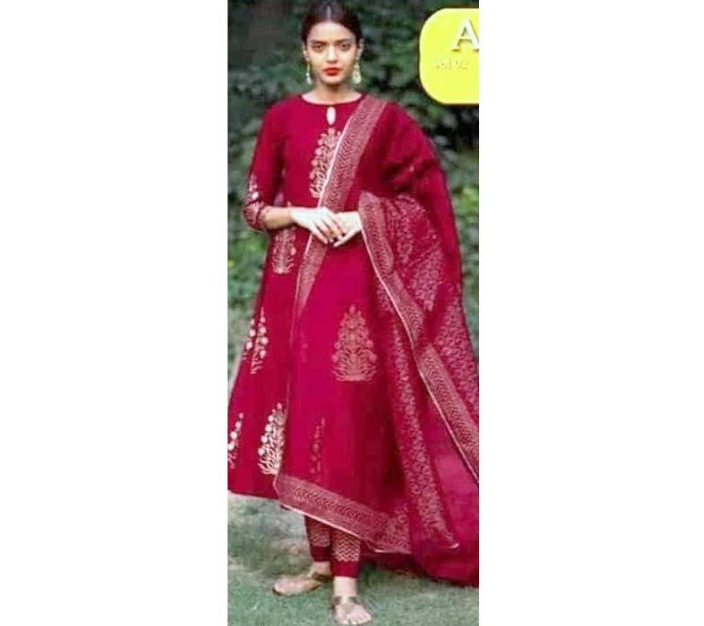 Unstitched Maroon Cotton Salwar Kameez for Women