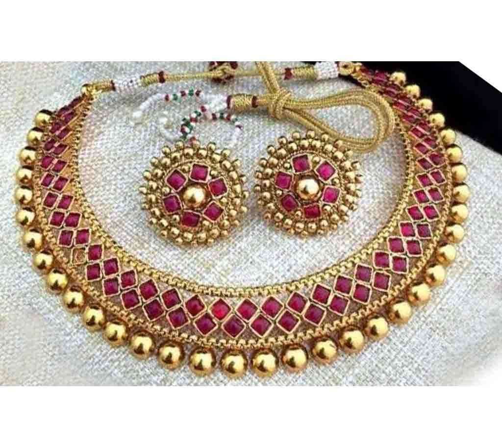 Indian Necklace + Earring Golden + red 