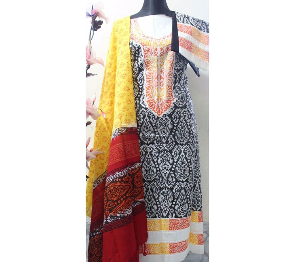 Multicolor unstitched block printed cotton three pc