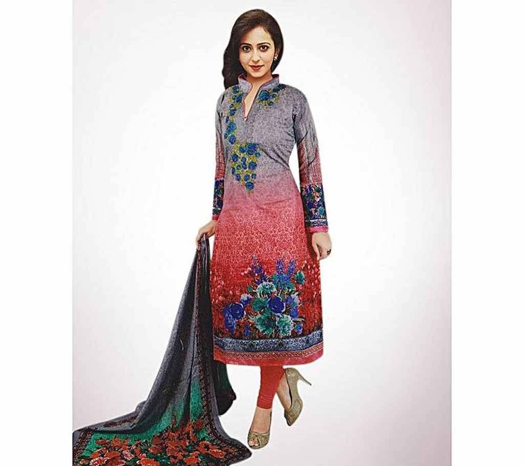 Unstitched Gray and Red Cotton 3 Piece - Copy