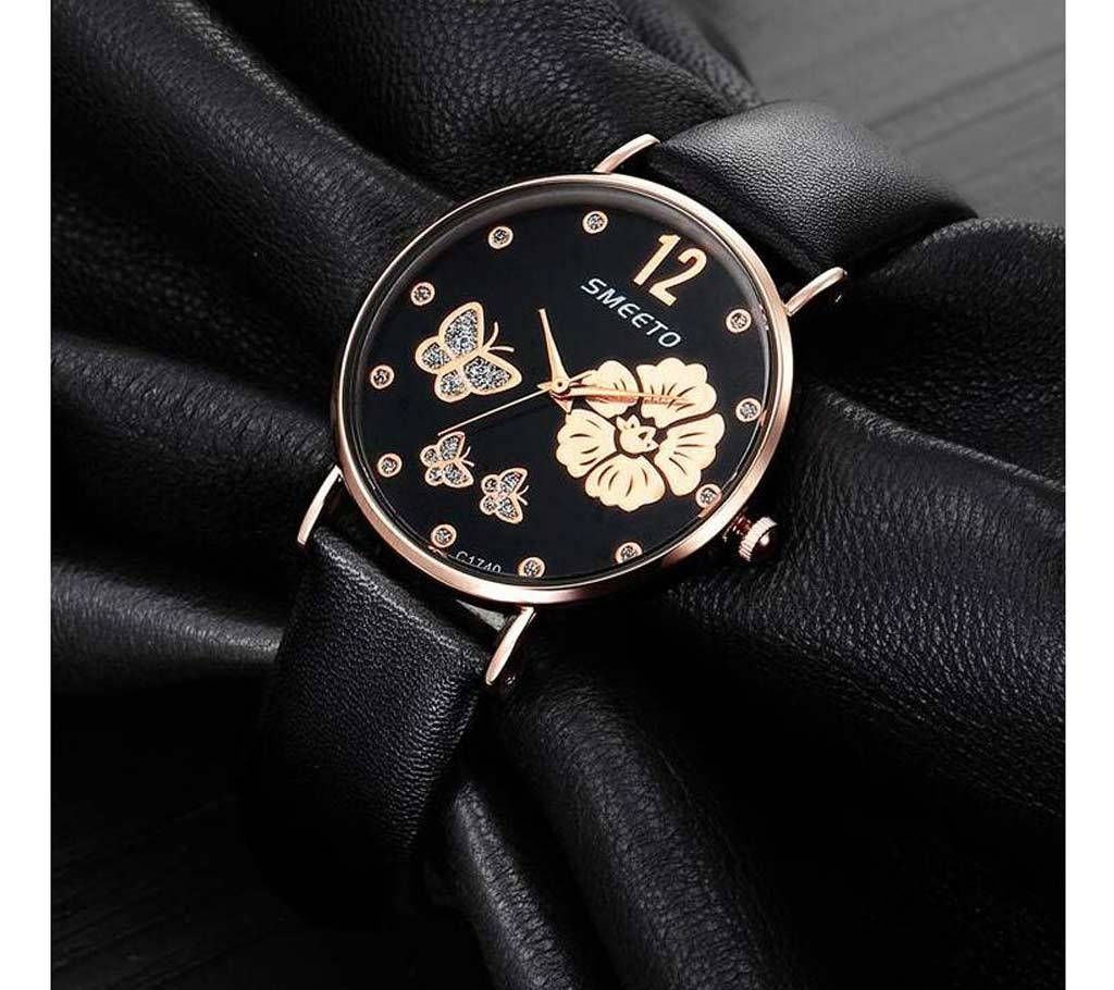Black Leather Strap Analogue Watch for Women