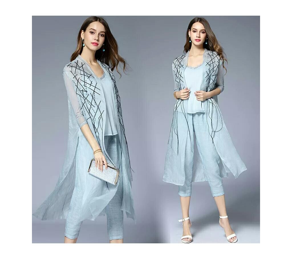 3 Piece Set Women Chiffon Pant Suits 2018 Summer Fashion Elegant Long Cardigan Slim Jacket + Sleeveless blouse + Wide Leg Pants