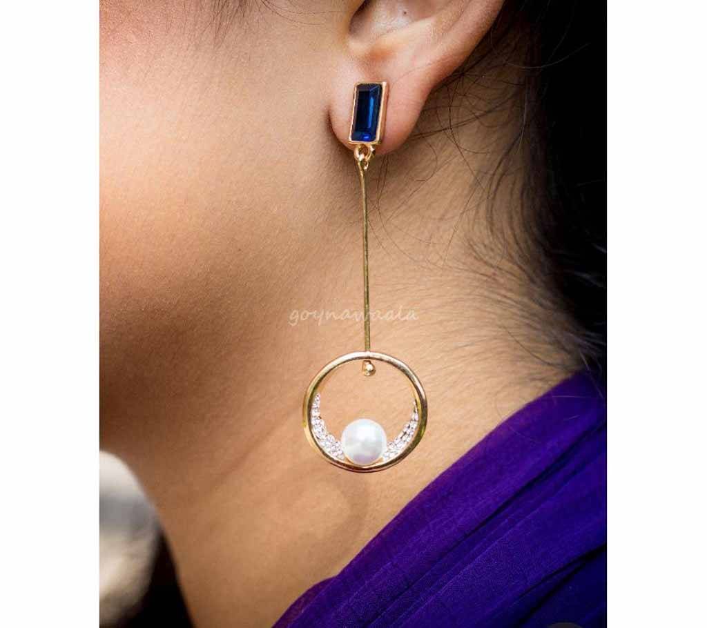 Blue Stoned White Pearled Earrings