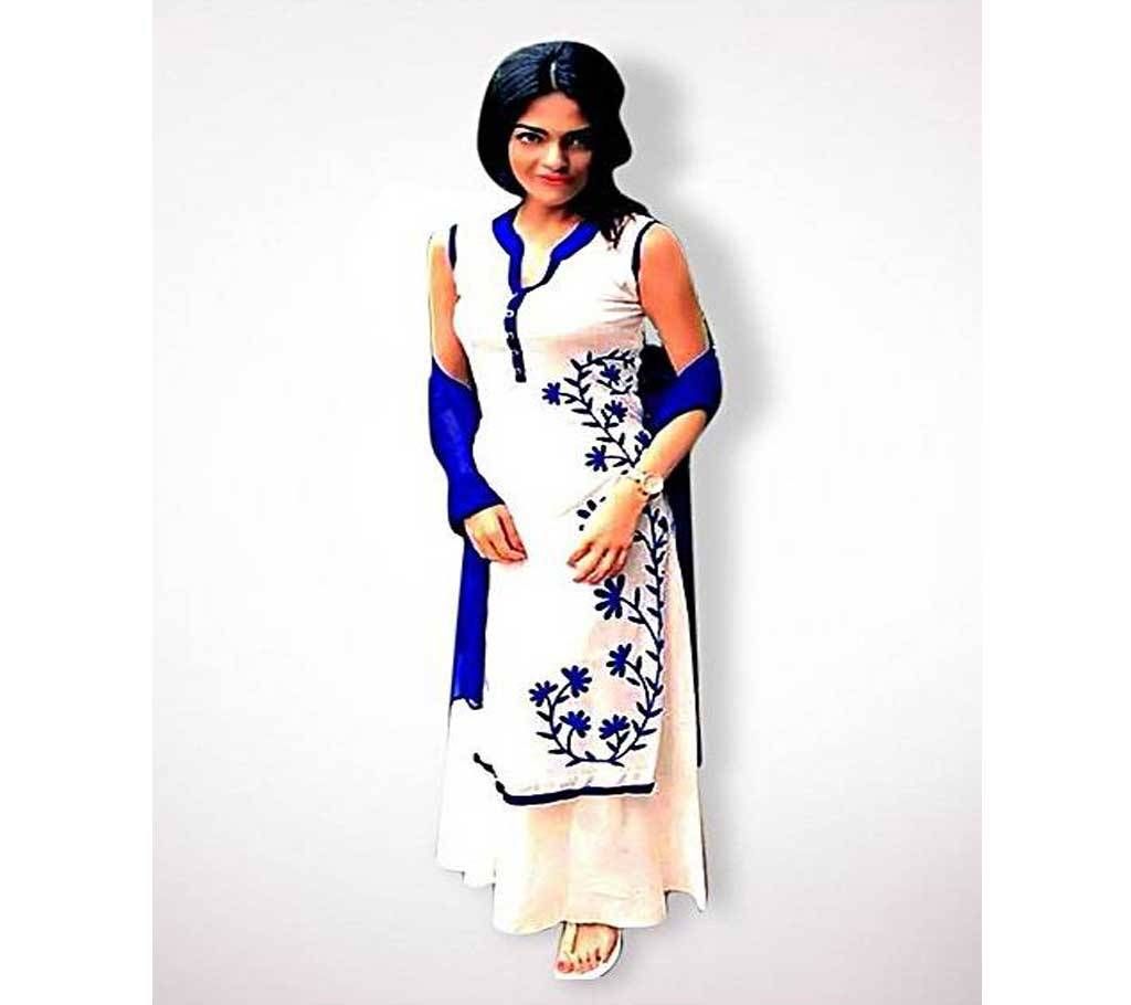 Unstitched White & Blue Cotton Three Piece 