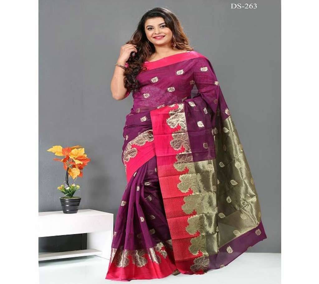 Medium Violet Red and Golden Leaf Design with Red Maroon Paar Silk Sharee