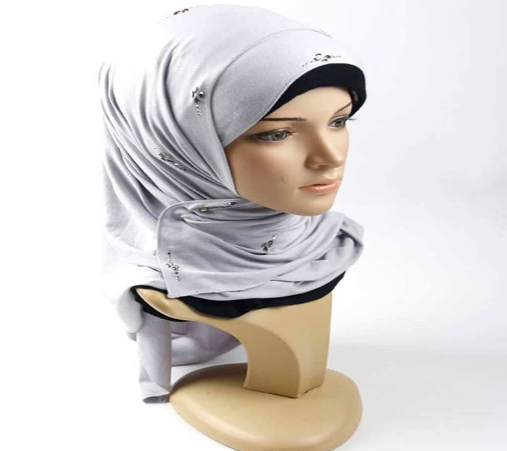 Plain stretch Jersey Muslim Hijab scarf with golden stone flower pattern