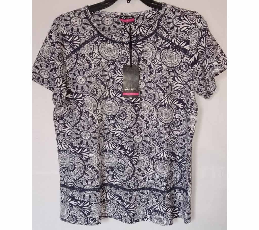 Ladies All Over Printed Fancy Branded T-Shirt White Navy Flower Print