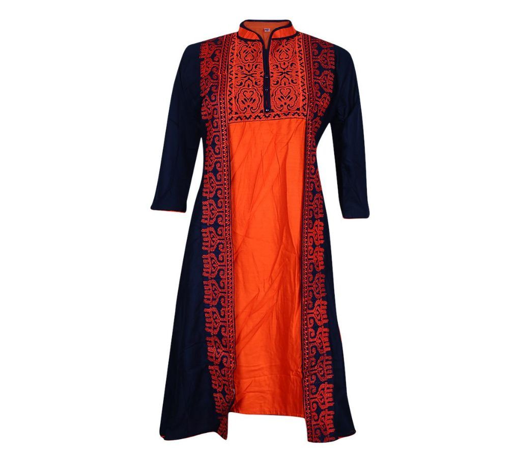 Navy Blue Orange Stitched Round Kurti for Women