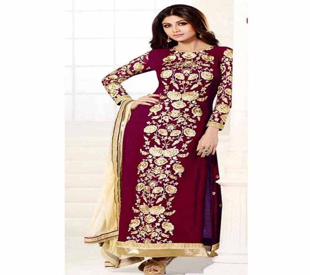 Unstitched Maroon Indian Printed Cotton Salwar Kameez For Women