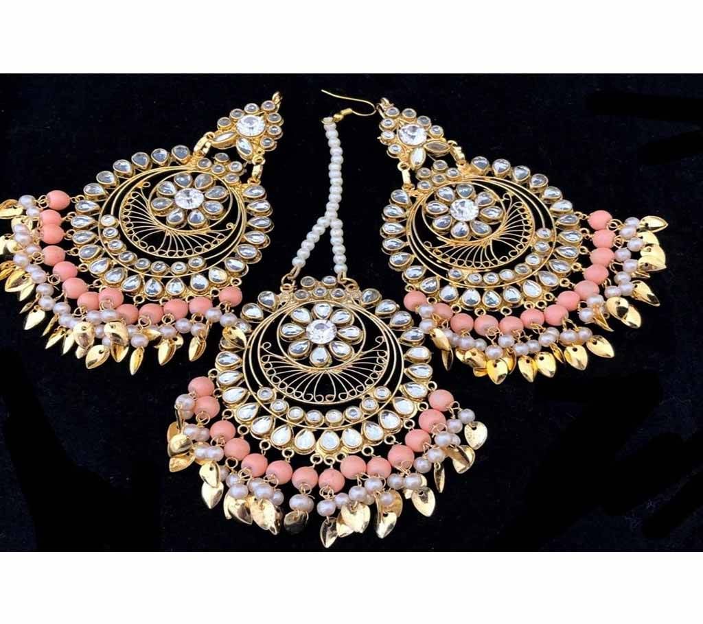 Beautiful Kundan Earring and Tikli Set - Pink - Round Moon Design