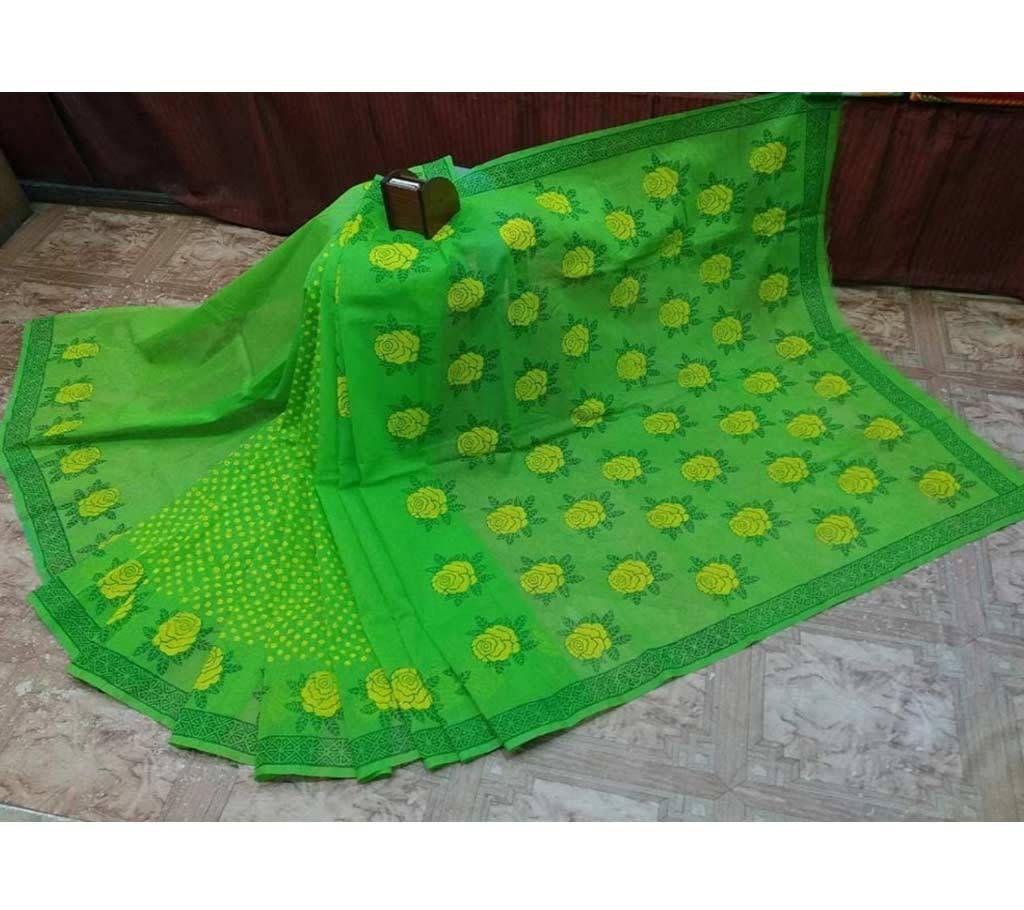 Half Silk  with Block Print Saree Green