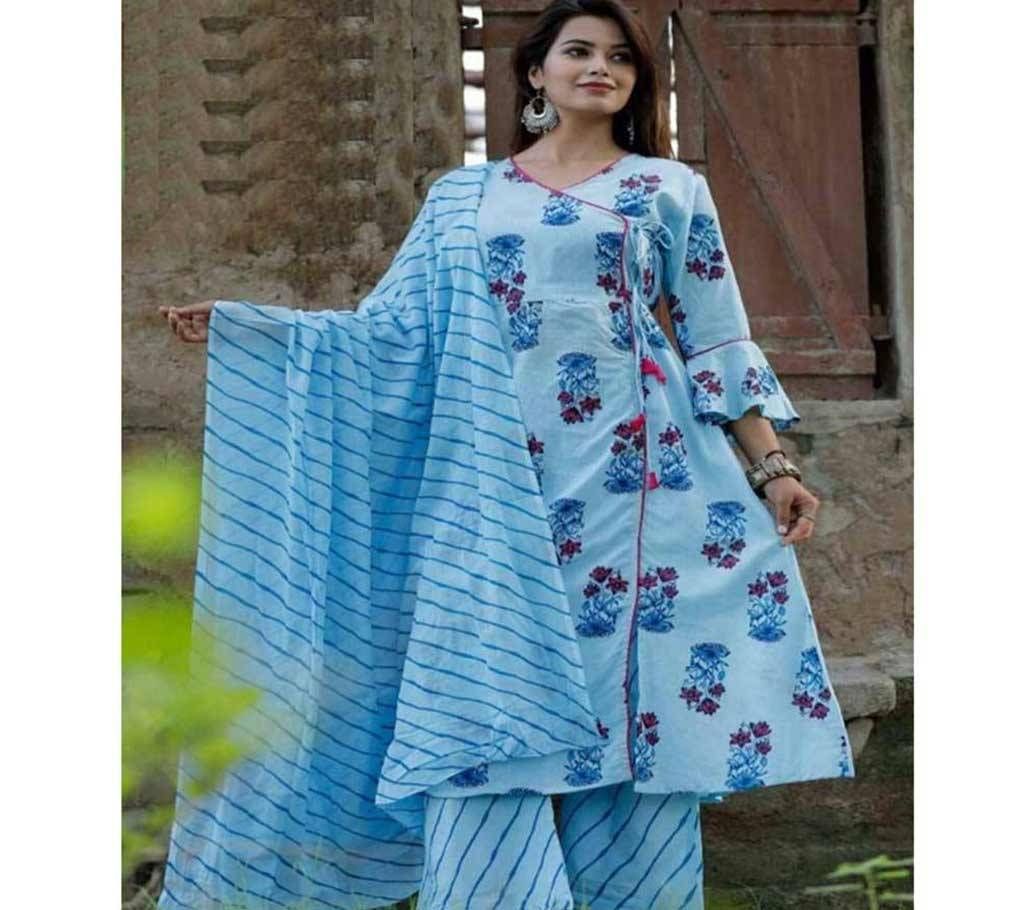Sky Blue Block Printed Salwar Kameez For Women-free size