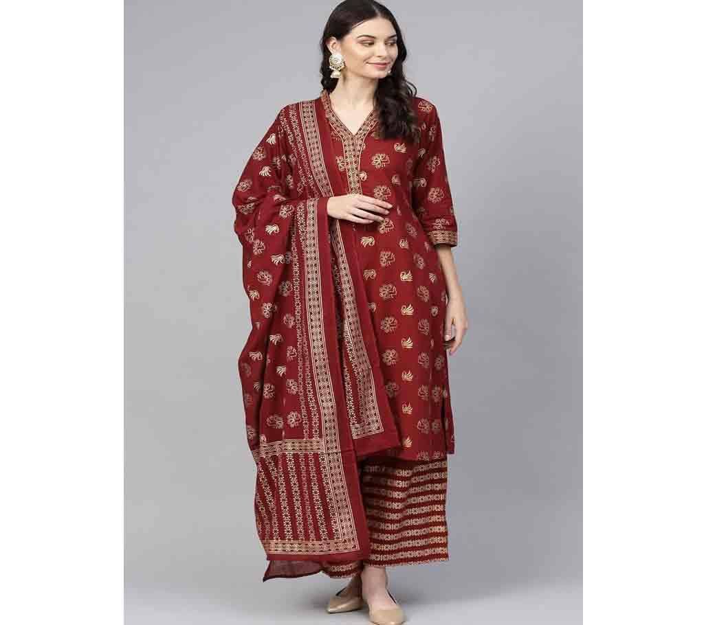 Latest Marron Block Printed 3 pieces Salwar Kameez for Women
