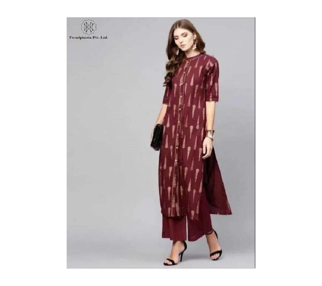 Unstiched Block Printed Cotton Salwar Kameez For Women Maroon Color.