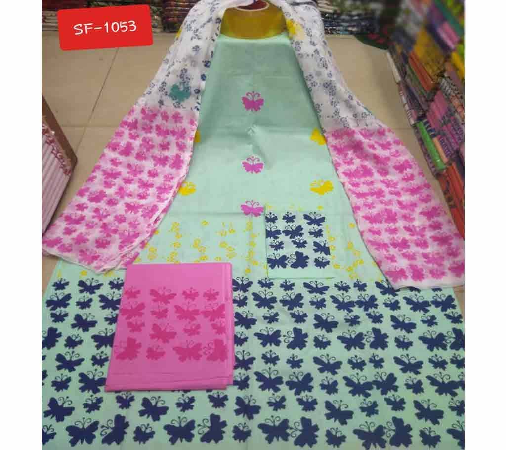 Block Printed Unstitched Cotton Three Piece- Pink 