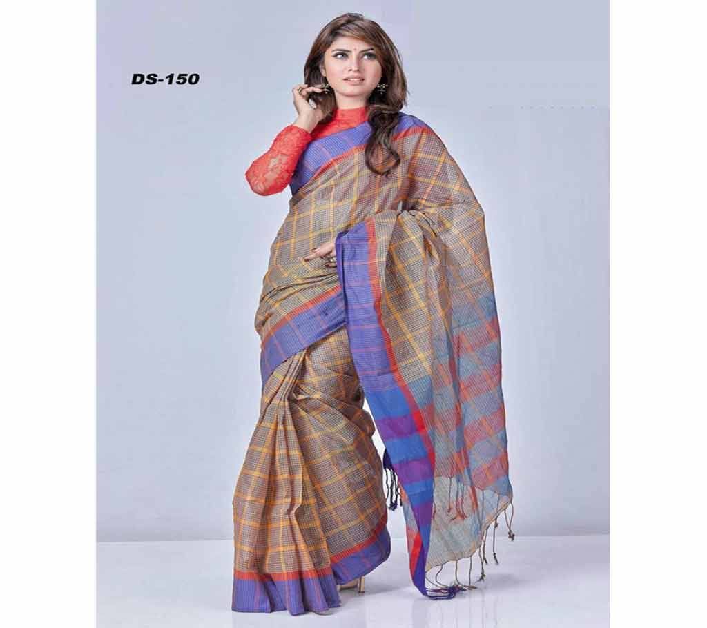 Multicolour Tat cotton Saree with Blouse Piece for Women-24