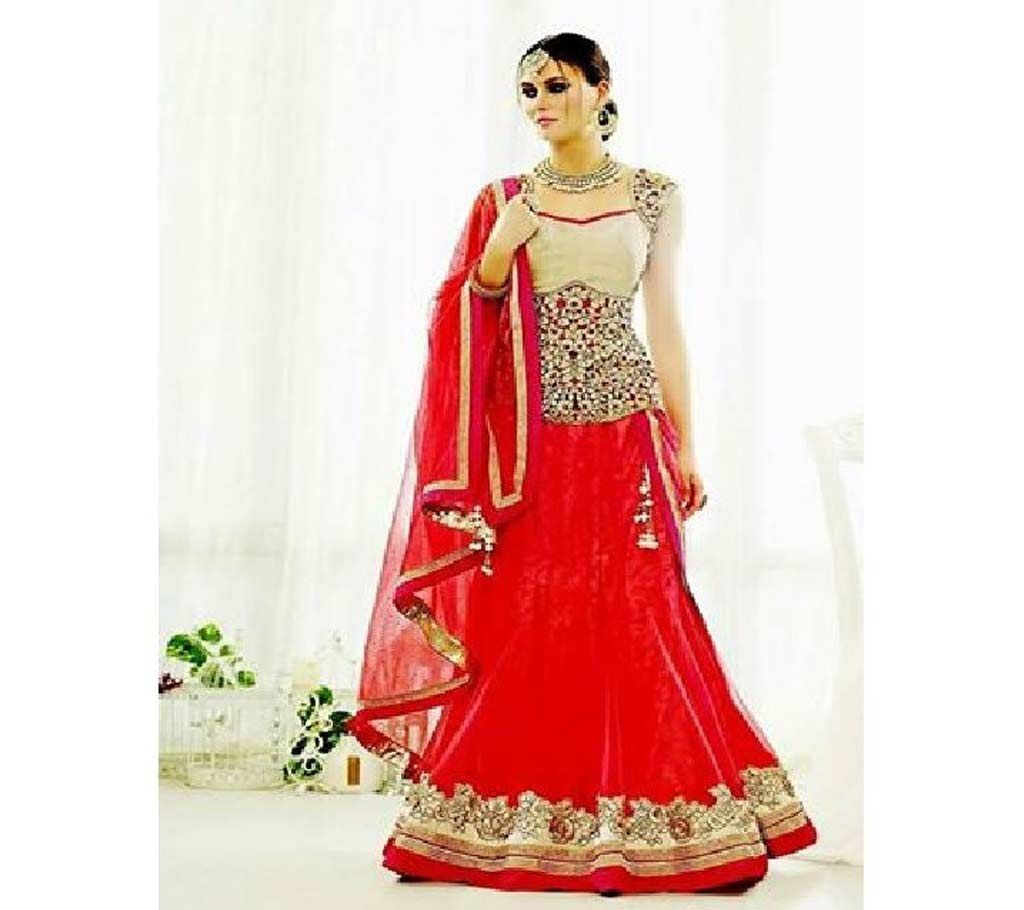 Semistitched red color replica georgette lehenga