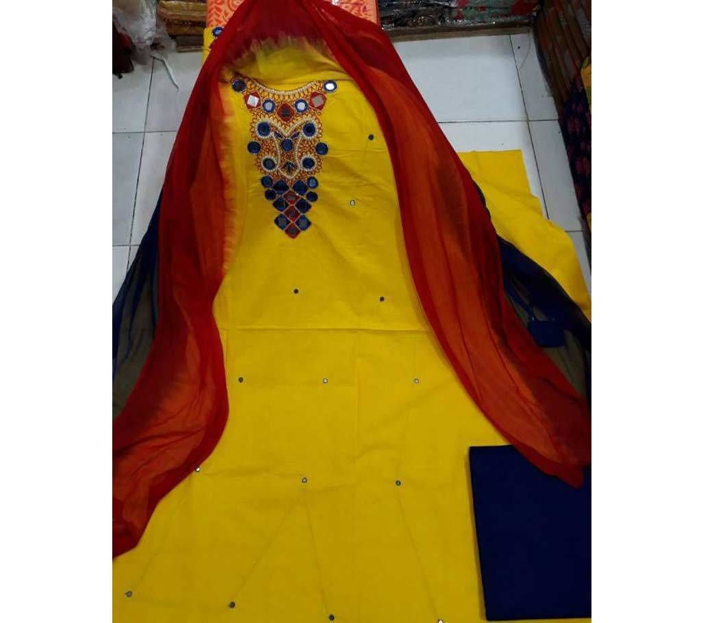 Unstitched Slub Cotton Mirror Work Three Piece