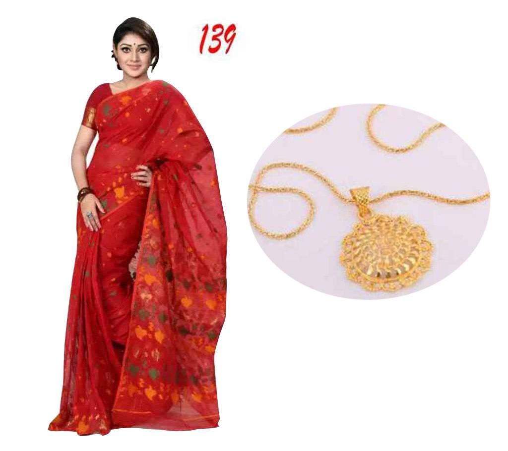 red cotton jamdani sharee with pendant free 
