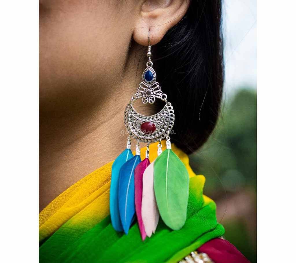 Sliver Earrings With Multicolored Feathers