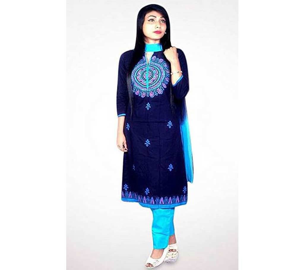 Unstitched Blue Cotton Block Printed Shalwar Kameez For Women