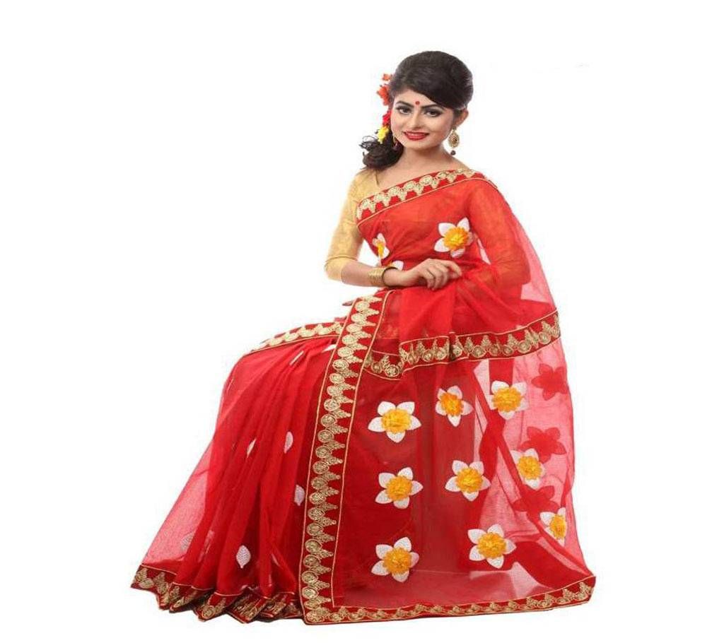RED PURE MUSLIN SILK WITH HAND EMBROIDERY SAREE