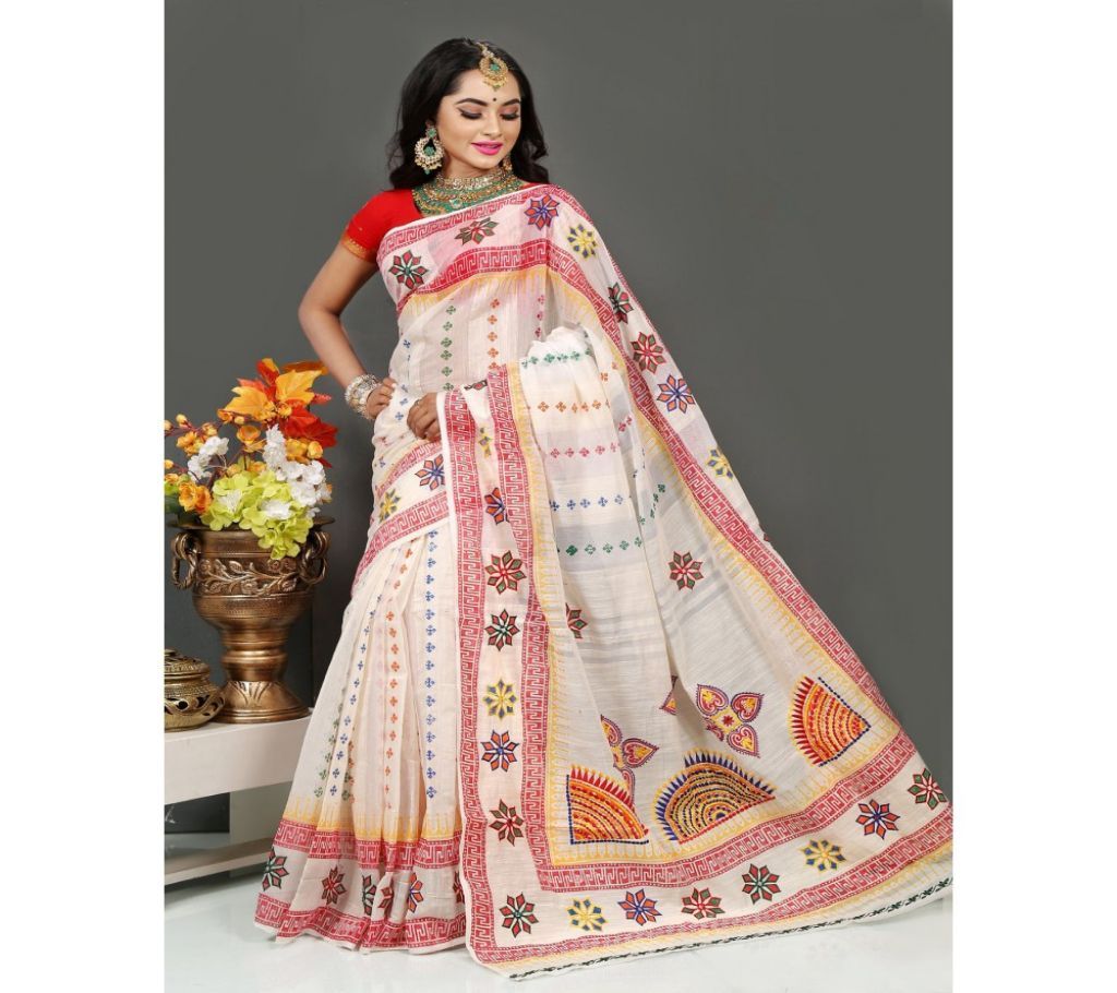Pure Anddy Silk, With Hand Embroidery & Hand Block Sharee