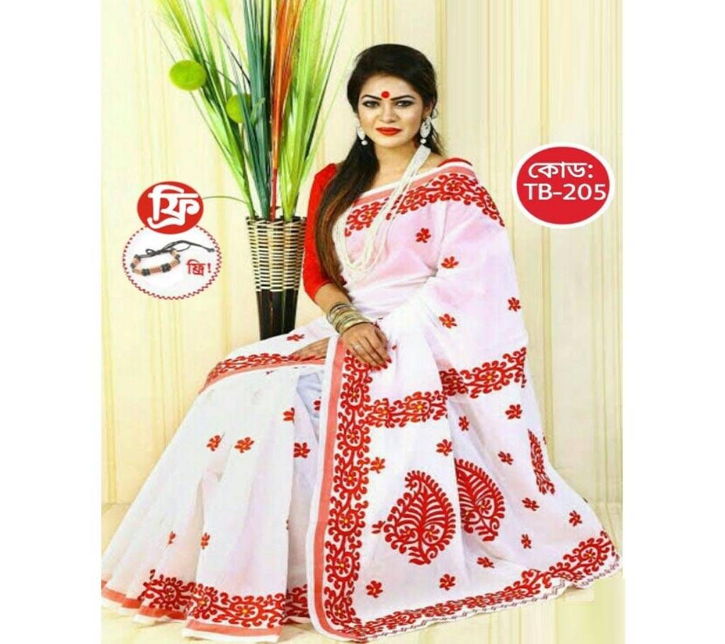 Red & White Applique Saree -For Women