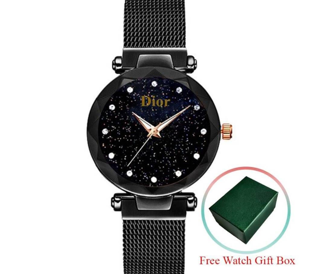Black Magnet Chain & Black Dial Wrist Watch For Women - BDPW04B - BAL