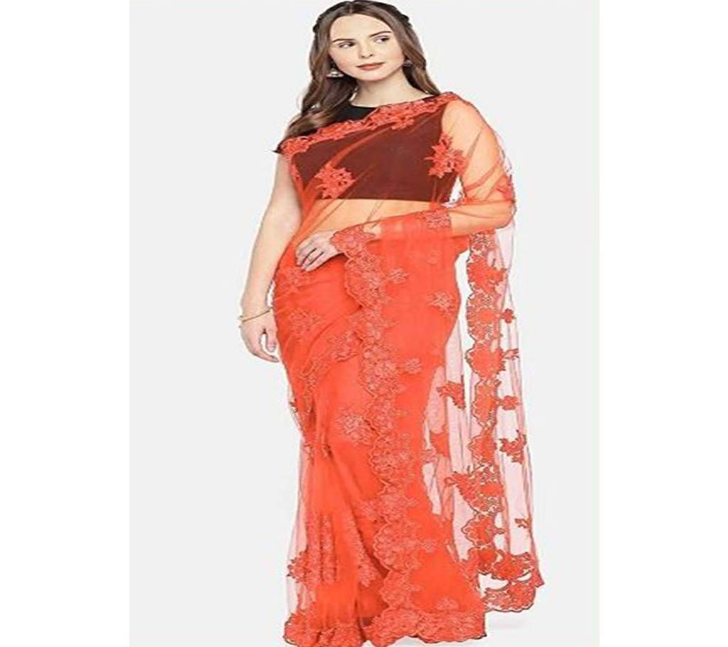 Heavy Banglori Silk Embroidery Saree  01  Orange  AMI