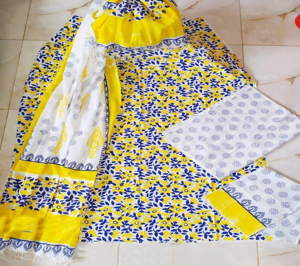 Unstitched Print Cotton Three Piece- Yellow Blue White 02