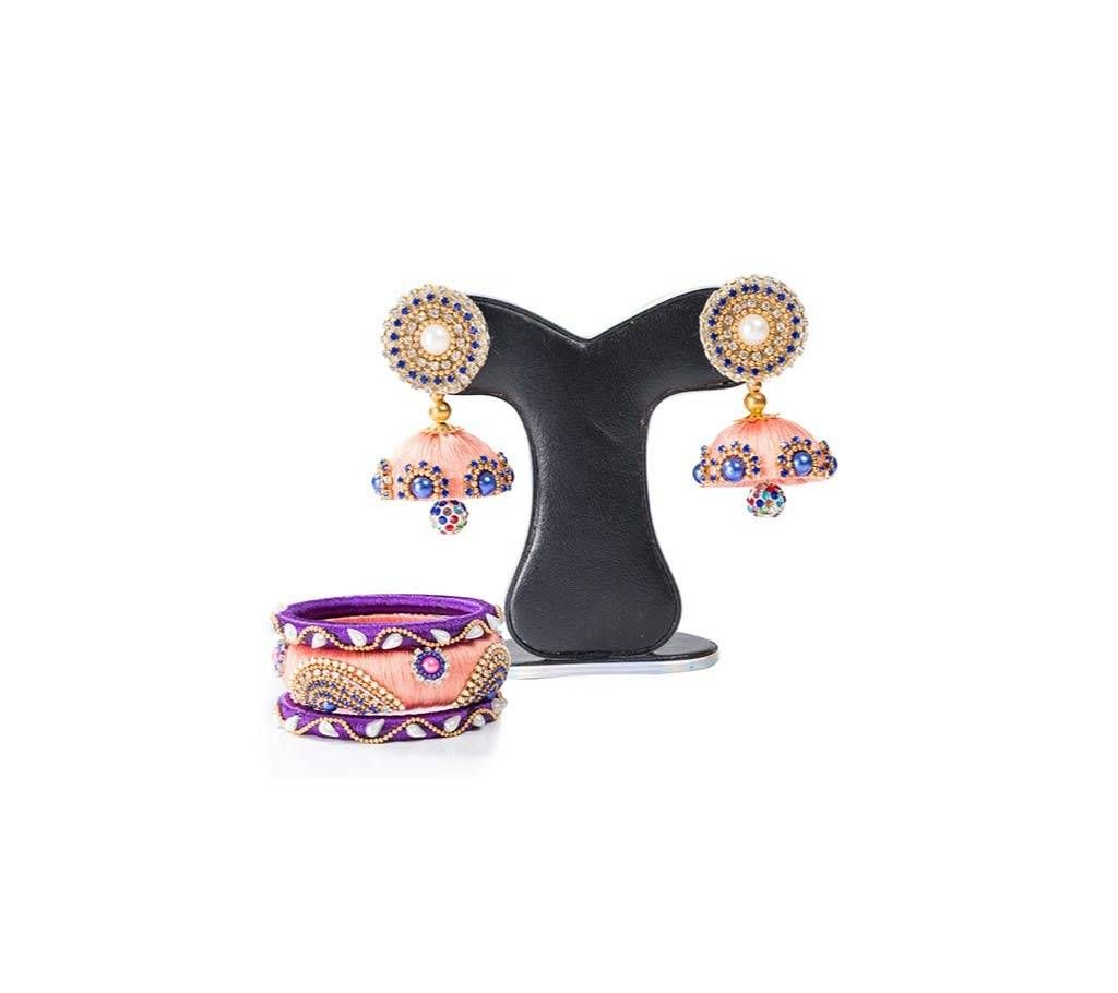 Pink Color Silk Thread Earring & Bangles