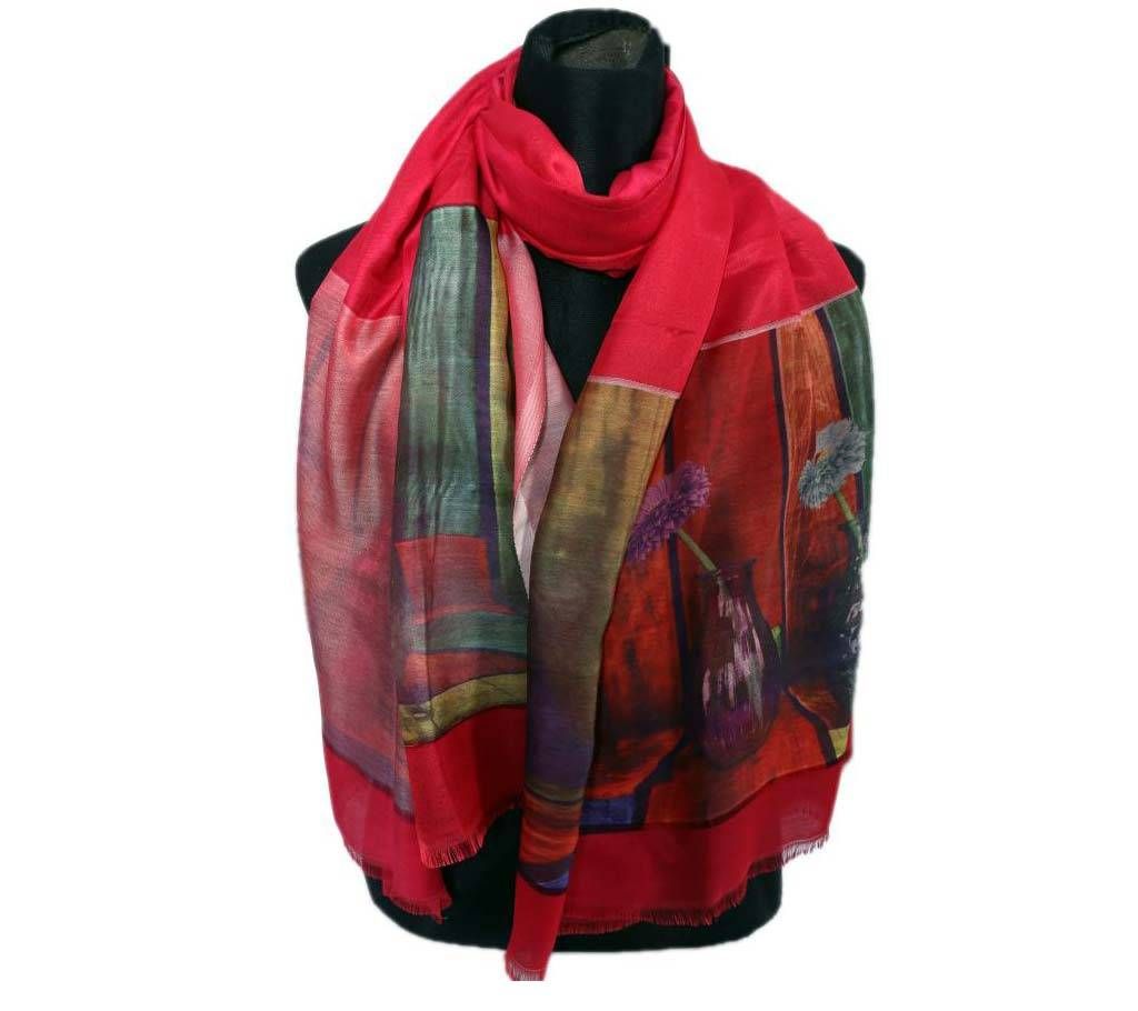 Floral Silk Print Hijab for Women - Red Rose