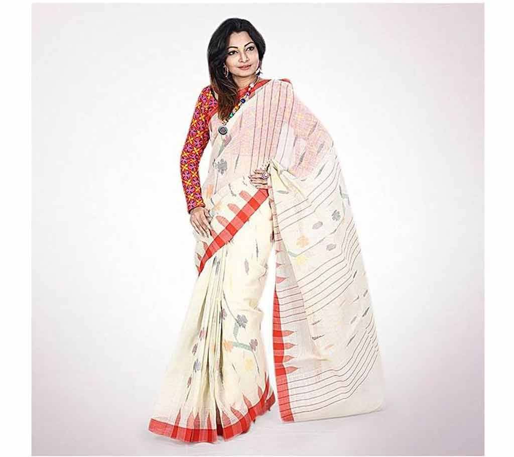 Indian Monipuri Tant Saree (White and Red)