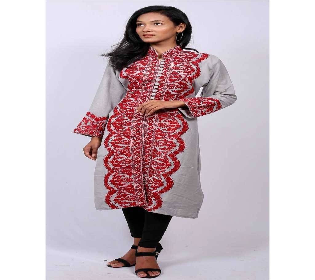 Kashmiri Silver Crushed Cotton Long Kurti 