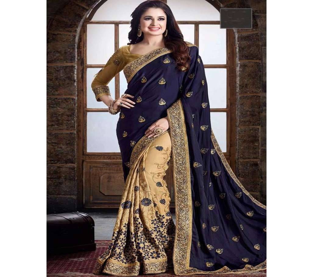 Golden and Navy Blue Georgette Saree for Women