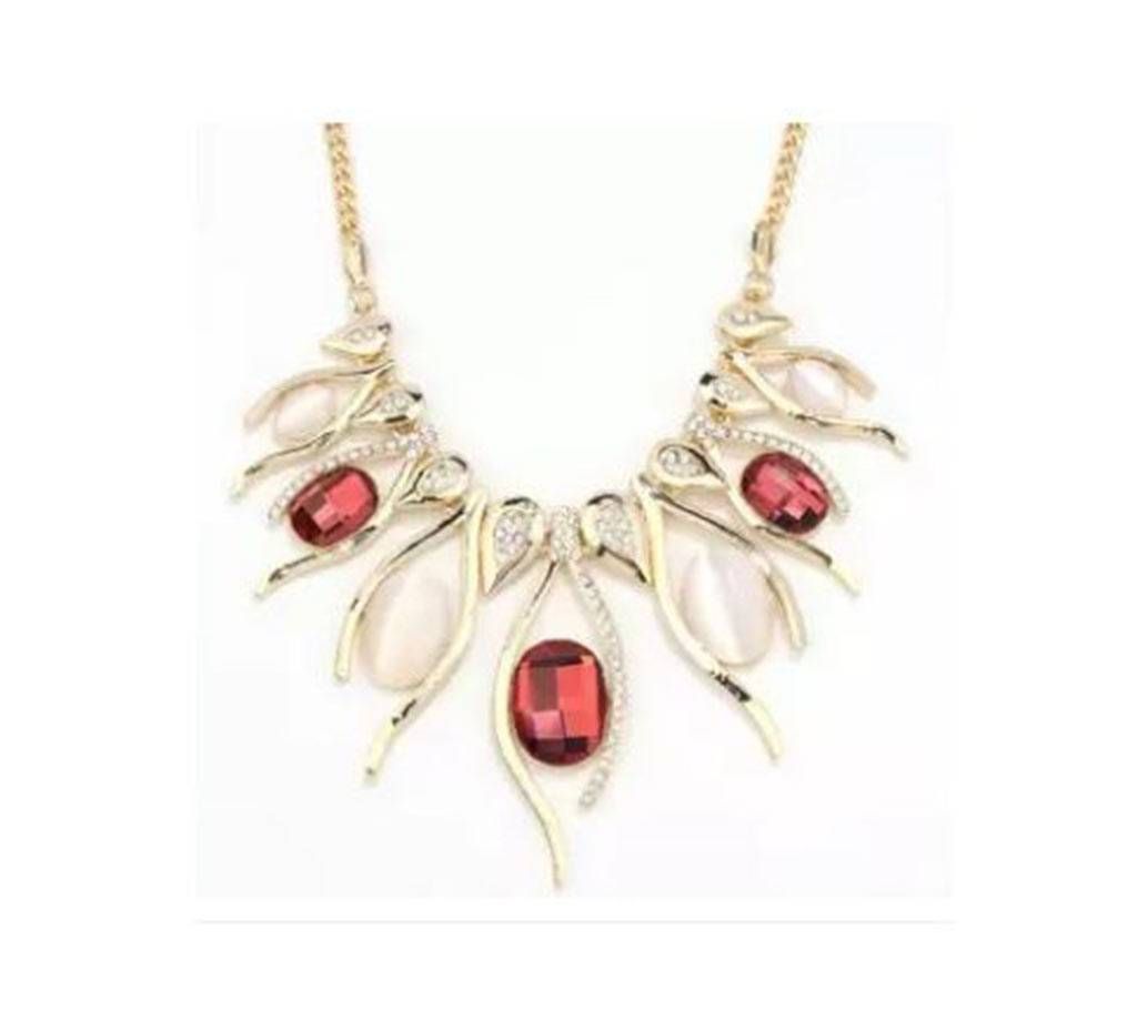 Gold Rose Dancing Wave Necklace with Red and white stone.