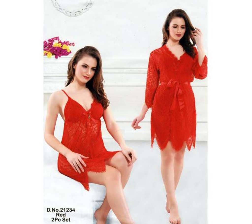 Fashionable Two Part Nighty-21234 Red