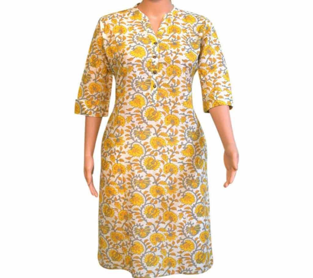 White & Yellowish Kalamkari Cotton Kurti